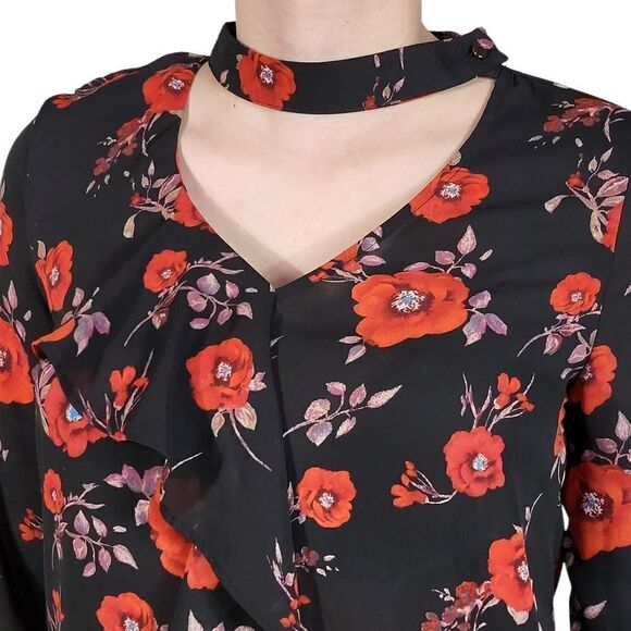 Lipslide Black Floral Neck Choker Long Sleeve Top - Picture 5 of 7